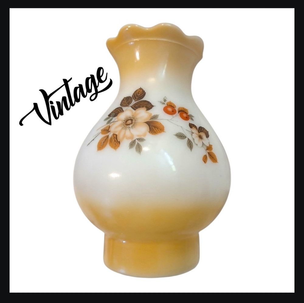 Vintage Milk Glass Hurricane Lamp Shade | Floral Amber Ombré | Scalloped Rim